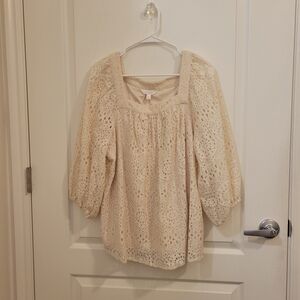 LC Lauren Conrad Cream Crochet Square-Neck Blouse